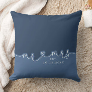 Mr Mrs Hart Script Stof Blauw Trouwkussen Kussen