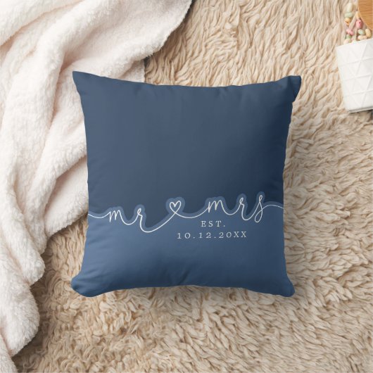 Mr Mrs Hart Script Stof Blauw Trouwkussen Kussen (Deken)
