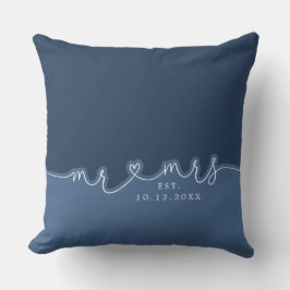 Mr Mrs Hart Script Stof Blauw Trouwkussen Kussen