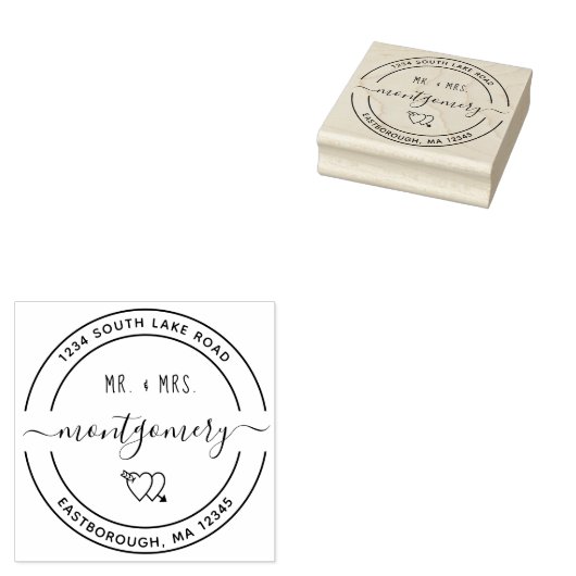 Mr & Mrs Heart 10 Aangepaste Ronde Retouradres Rubberstempel (Gestempeld)