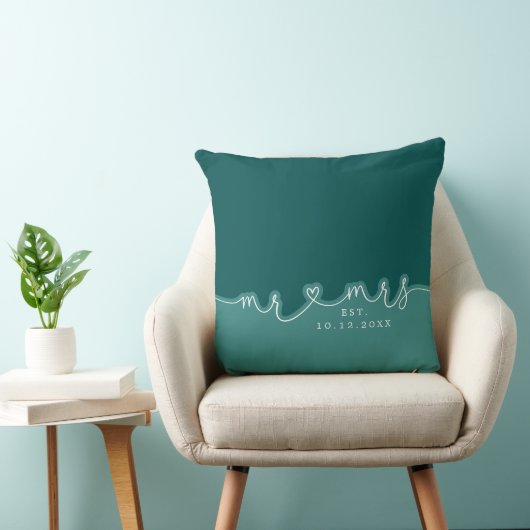 Mr. Mrs. Heart Script Blauwgroen Groen Trouwkussen Kussen (Stoel)