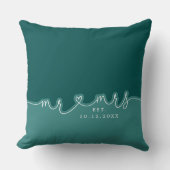 Mr. Mrs. Heart Script Blauwgroen Groen Trouwkussen Kussen (Voorkant)