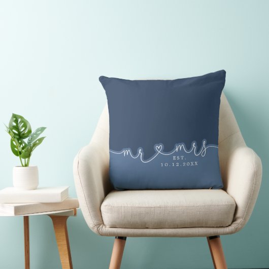 Mr Mrs Heart Script Dusty Blue Wedding Pillow Kussen (Stoel)