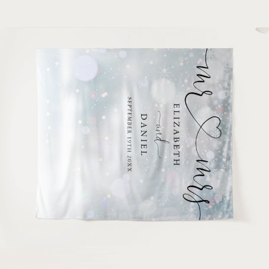 Mr. Mrs Heart Script Winter bruiloft foto achtergr Wandkleed (Voorkant (horizontaal))