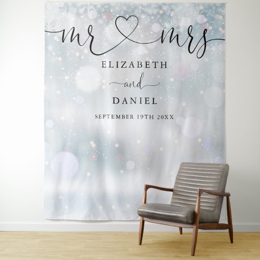 Mr. Mrs Heart Script Winter bruiloft foto achtergr Wandkleed (In situ)