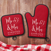 Mr Mrs Hearts Monogram Rode bruiloft Ovenwant & Pannenlap Set