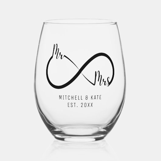 Mr & Mrs Infinity Symbool Bruiloft Wijnglas Zonder Voet (Voorkant)