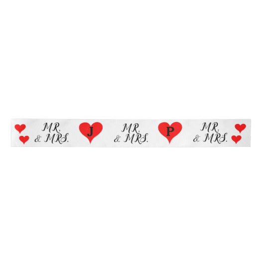 Mr. Mrs. Initials Red Hearts 3 INCH Satijnen Lint (Voorkant)
