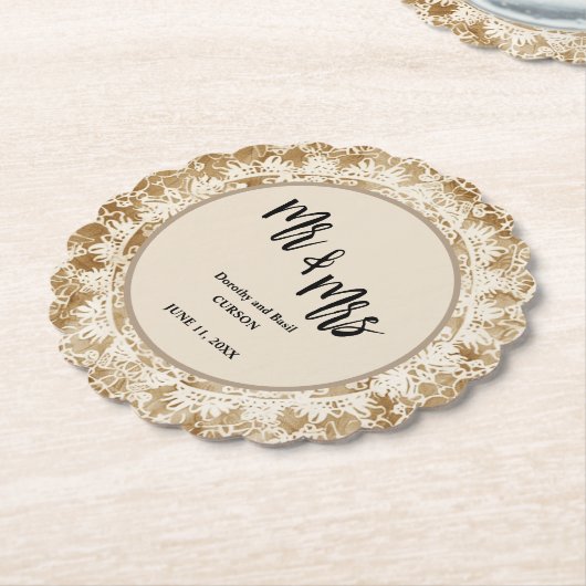 Mr & Mrs  Lace Doily Wedding Kartonnen Onderzetters (Gekanteld)