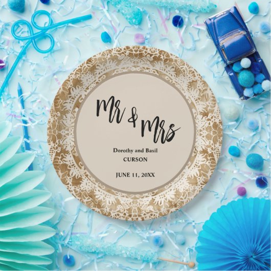 Mr & Mrs  Lace Doily Wedding Papieren Bordje (Feest)