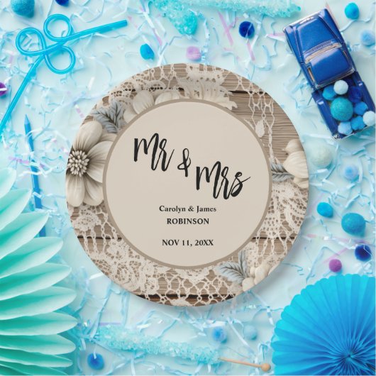 Mr & Mrs  Lace Rustic Wedding Papieren Bordje (Feest)