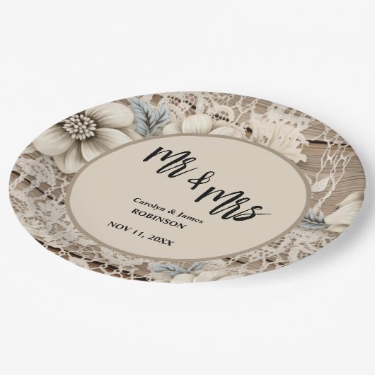 Mr & Mrs Lace Rustic Wedding Papieren Bordje (Gekanteld)
