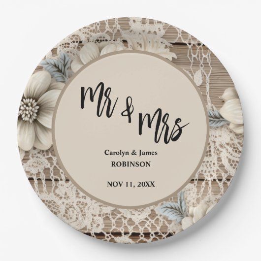 Mr & Mrs Lace Rustic Wedding Papieren Bordje (Voorkant)