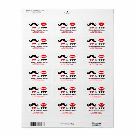 Mr & Mrs Lips & Mustache Trouwadres Etiket (Full Sheet)