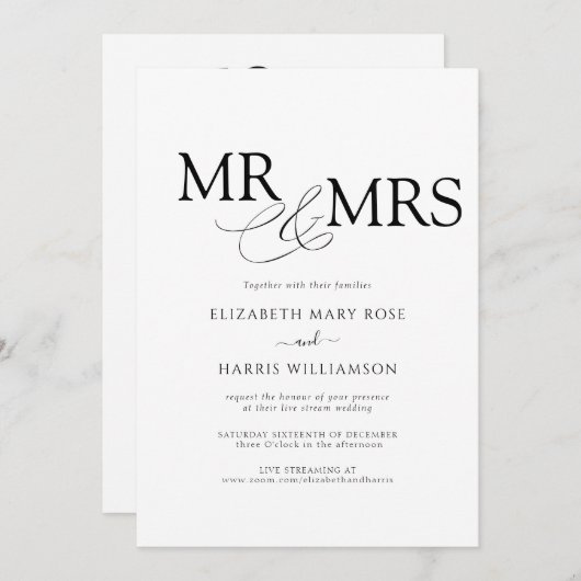 MR & MRS. Live Stream Modern Black White Wedding Kaart (Voorkant / Achterkant)