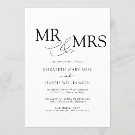MR & MRS. Live Stream Modern Black White Wedding Kaart