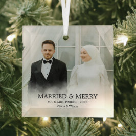 Mr. & Mrs. | Married & Merry First Christmas Photo Glas Ornament