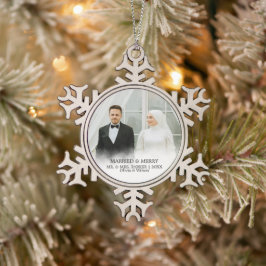 Mr. & Mrs. | Married & Merry First Christmas Photo Tin Sneeuwvlok Ornament