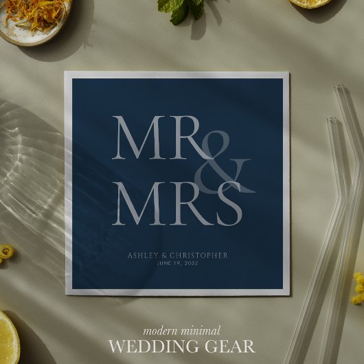 MR&MRS Minimal Typographic Navy Blue Cocktail Servet