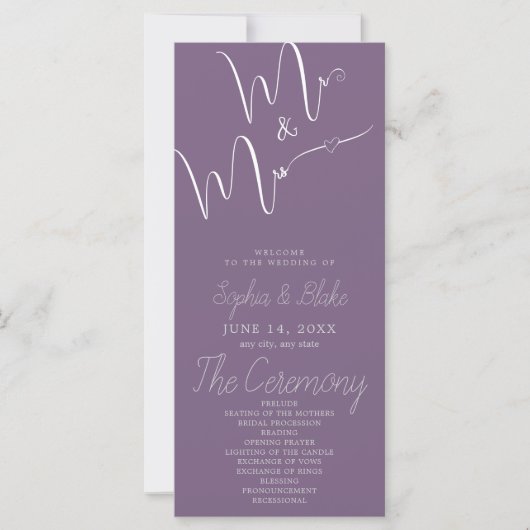 Mr & Mrs Minimalistisch Paars Trouwprogramma (Voorkant)