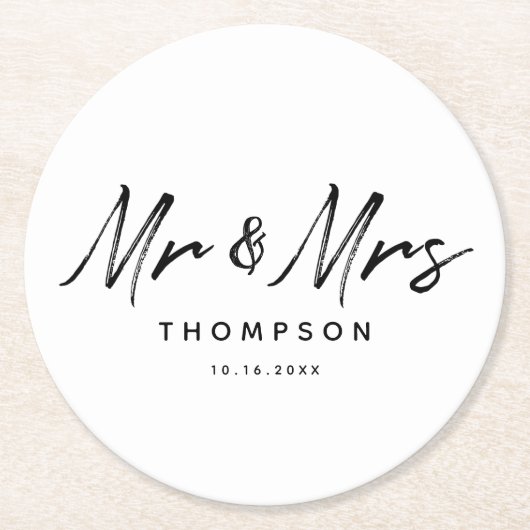 Mr. & Mrs Modern Black White Script Wedding Ronde Kartonnen Onderzetter (Voorkant)