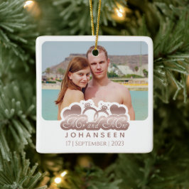 Mr & Mrs Modern Roos Goud Paar Foto Kerstmis Keramisch Ornament