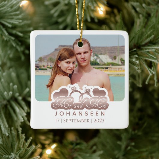 Mr & Mrs Modern Roos Goud Paar Foto Kerstmis Keramisch Ornament (Boom)