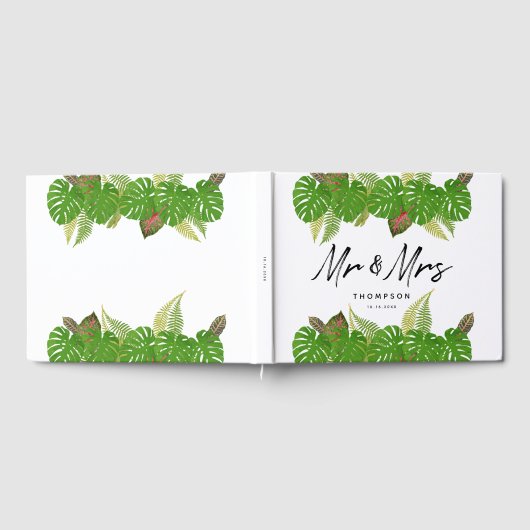Mr. & Mrs Modern Tropical Leaves Script Wedding Gastenboek (Volledig)
