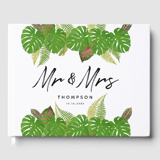 Mr. & Mrs Modern Tropical Leaves Script Wedding Gastenboek (Voorkant)