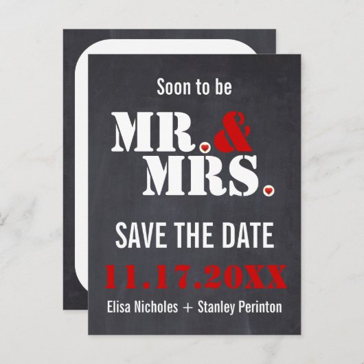 Mr. & Mrs Modern typografie bruiloft Save the Date Aankondigingskaart (Voorkant / Achterkant)