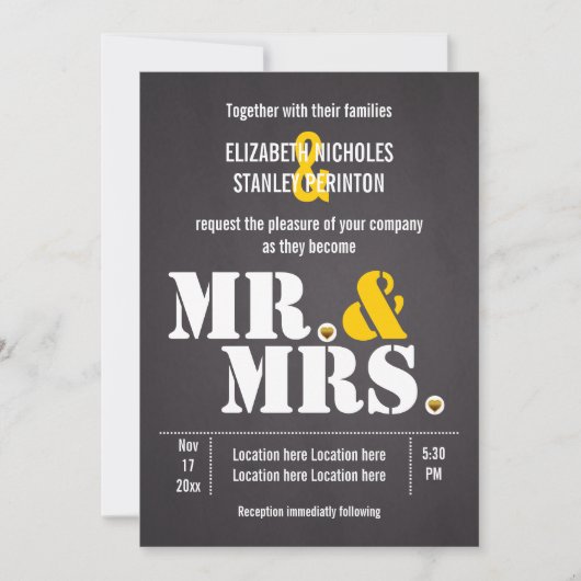 Mr. & Mrs Modern typografie zwarte, gele bruiloft Kaart (Voorkant)