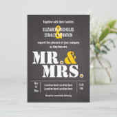 Mr. & Mrs Modern typografie zwarte, gele bruiloft Kaart (Staand voorkant)
