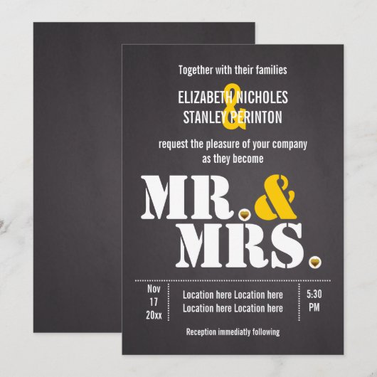 Mr. & Mrs Modern typografie zwarte, gele bruiloft Kaart (Voorkant / Achterkant)
