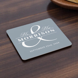 Mr Mrs Monogram Dusty Blue Wedding Kartonnen Onderzetters