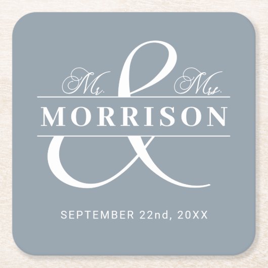 Mr Mrs Monogram Dusty Blue Wedding Kartonnen Onderzetters (Voorkant)
