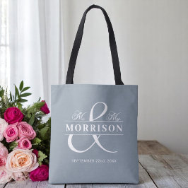 Mr Mrs Monogram Dusty Blue Wedding Tote Bag