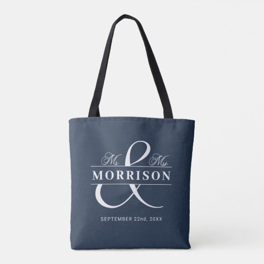 Mr. Mrs. Monogram Marine Blauwe bruiloft Tote Bag (Achterkant)