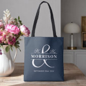 Mr. Mrs. Monogram Marine Blauwe bruiloft Tote Bag