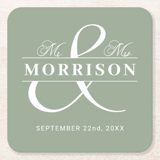 Mr Mrs Monogram Sage Green Wedding Kartonnen Onderzetters (Voorkant)