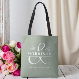 Mr Mrs Monogram Sage Green Wedding Tote Bag
