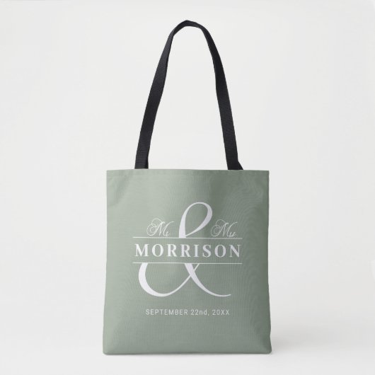 Mr Mrs Monogram Sage Green Wedding Tote Bag (Voorkant)