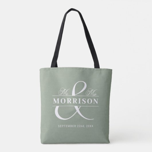 Mr Mrs Monogram Sage Green Wedding Tote Bag (Achterkant)