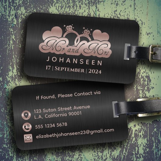 Mr & Mrs Monogram Zwart Roos Gouden Bruiloft Pas g Bagagelabel