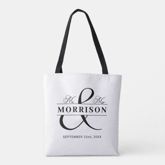 Mr Mrs Monogram Zwart Wit Trouwen Tote Bag (Achterkant)