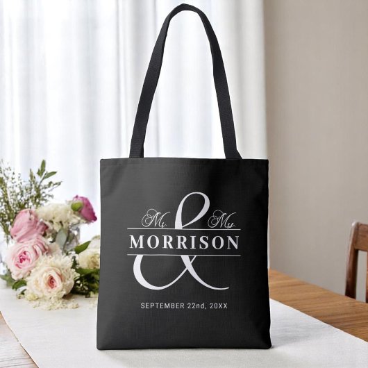Mr Mrs Monogram Zwart Wit Trouwen Tote Bag