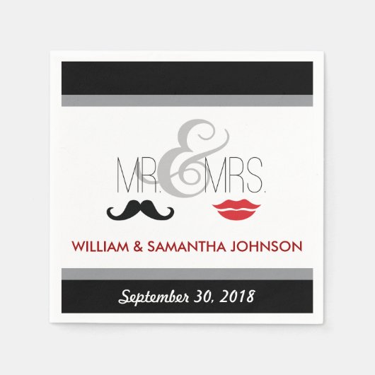 Mr & Mrs Mustache en Lipstick servetten (zwart) (Voorkant)