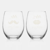 Mr & Mrs Mustache Lips Gepersonaliseerde bruiloft Wijnglas Zonder Voet (Achterkant)