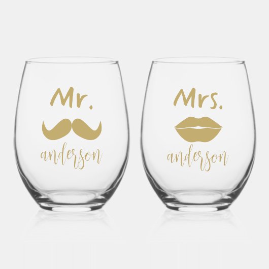 Mr & Mrs Mustache Lips Gepersonaliseerde bruiloft Wijnglas Zonder Voet (Voorkant)