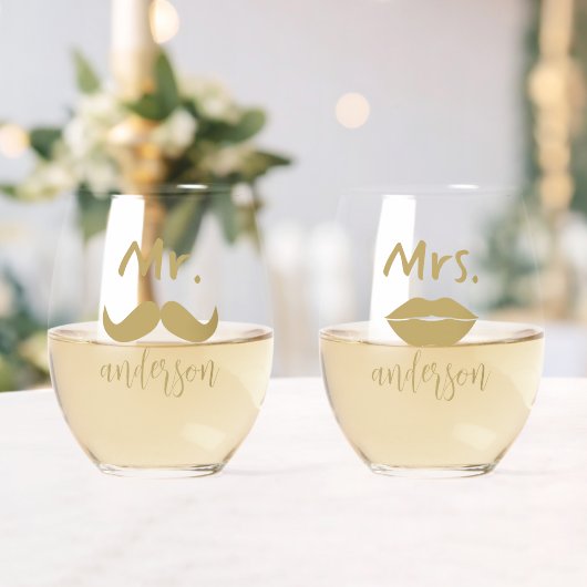 Mr & Mrs Mustache Lips Gepersonaliseerde bruiloft Wijnglas Zonder Voet (Insitu (Huwelijk))