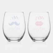 Mr & Mrs Mustache Lips Gepersonaliseerde bruiloft Wijnglas Zonder Voet (Achterkant)